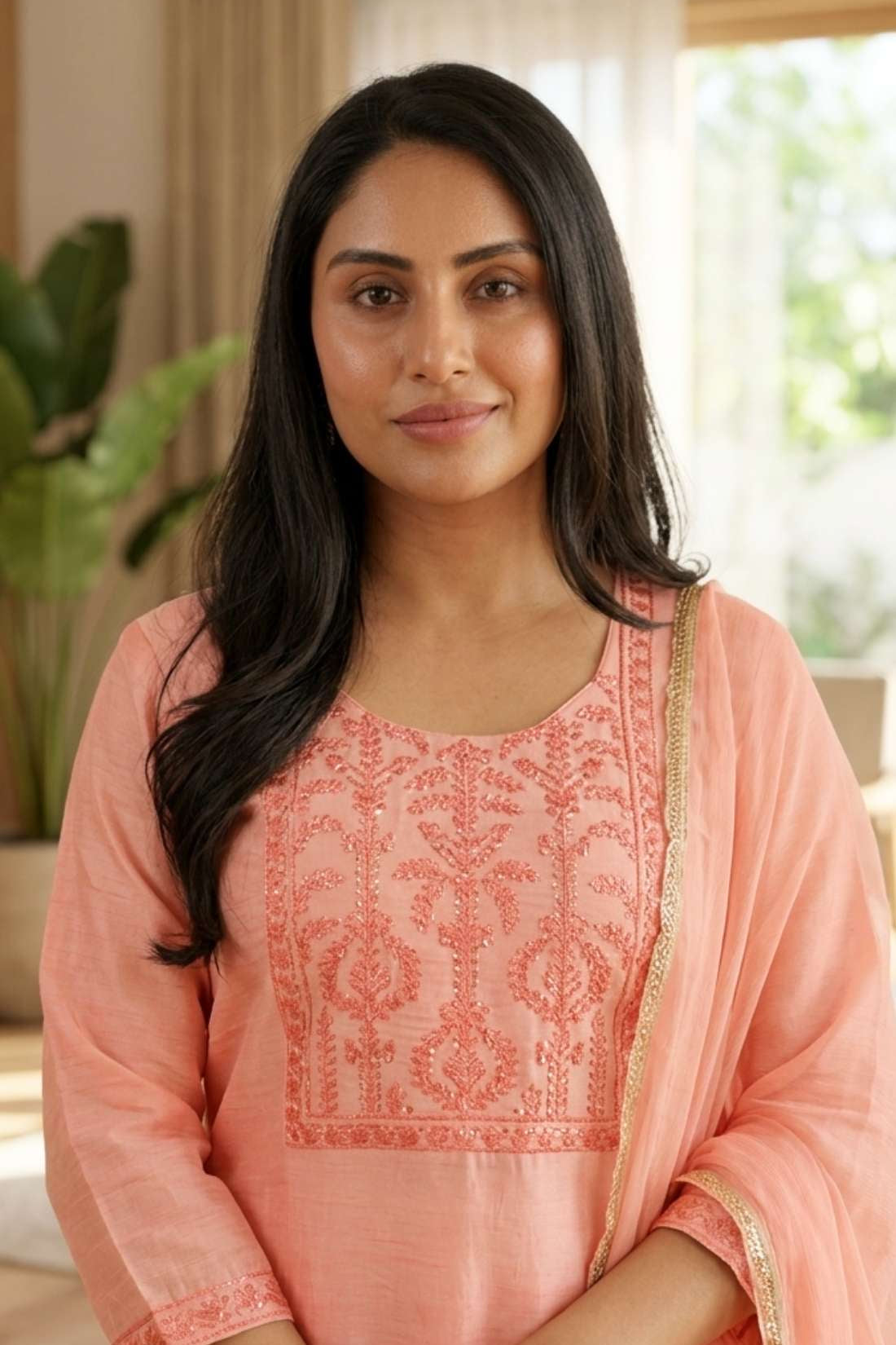 Peach Embroidered Kurta Neckline Detail