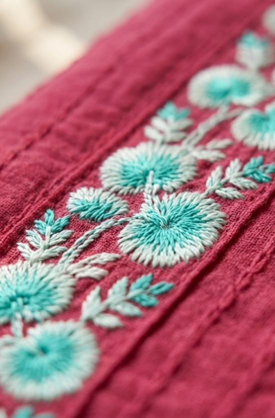 A detailed macro close-up of a pink cotton kurta showing intricate turquoise and white floral thread embroidery work.