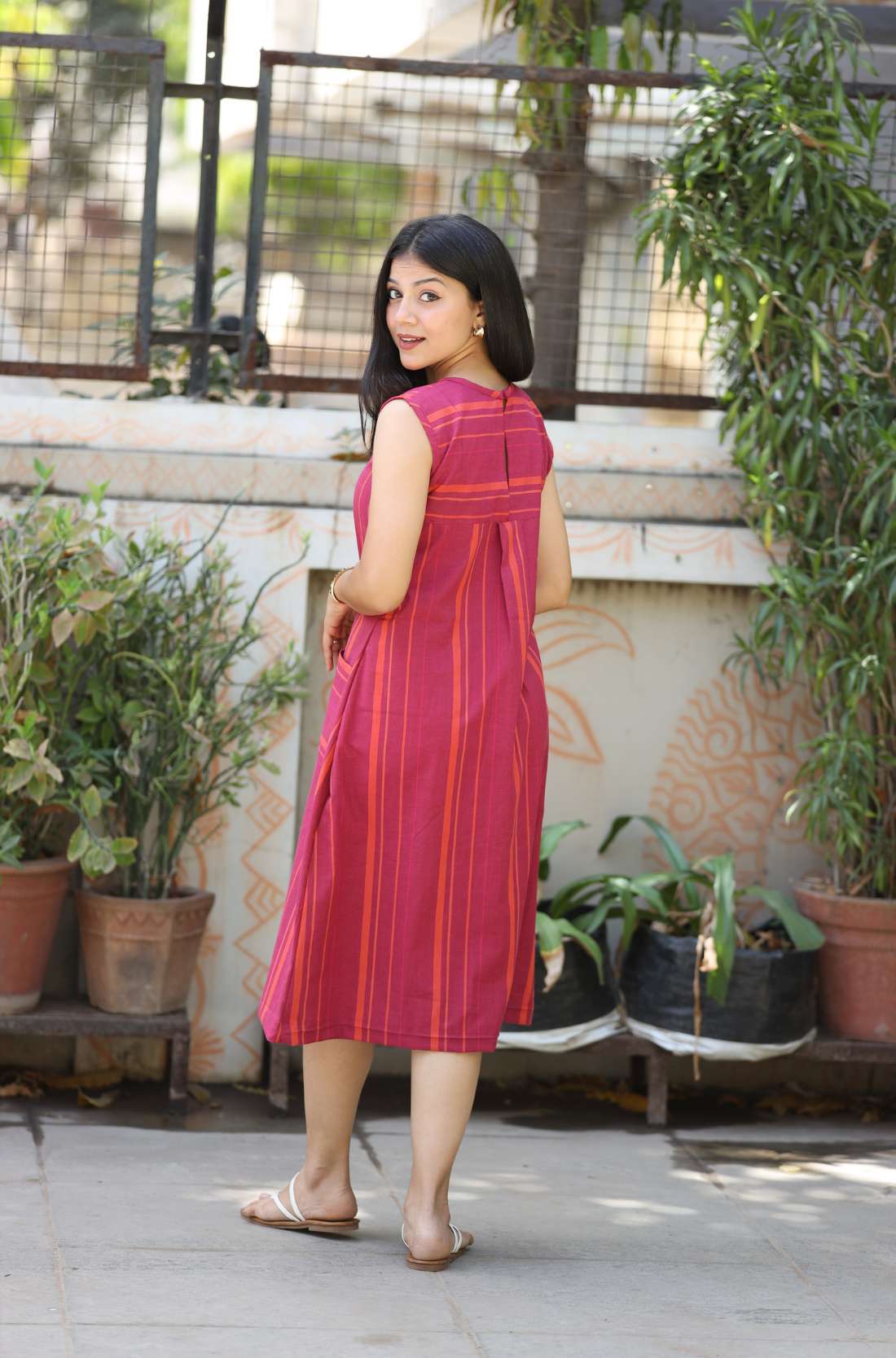 Pink Striped Frock Style Cotton Kurti – Back View