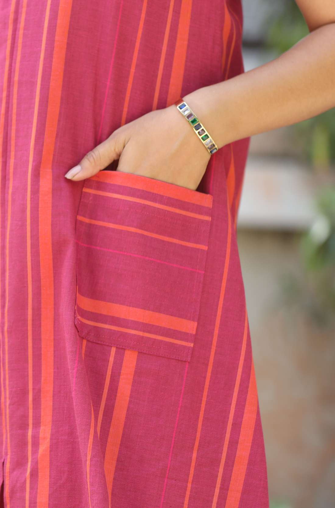 Pink Striped Frock Style Cotton Kurti  – Pocket