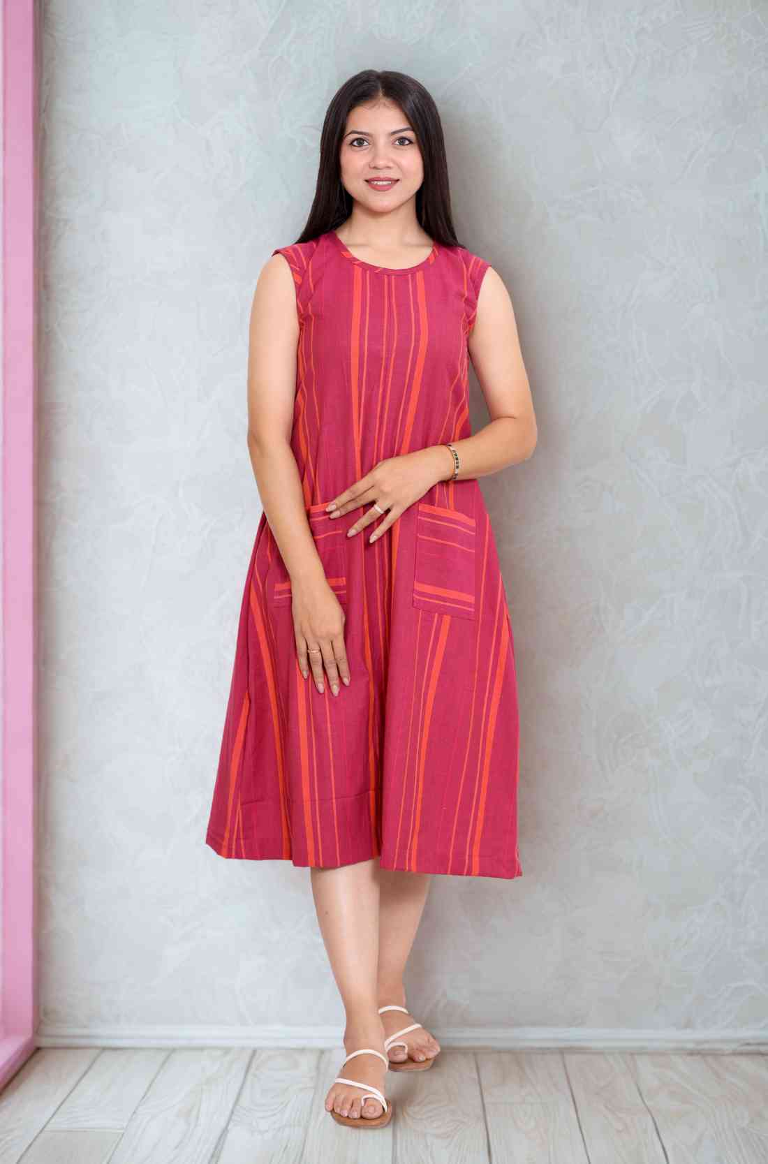Pink Striped Frock Style Cotton Kurti – Front View