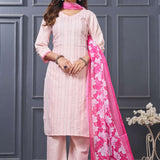 Front full length view of a model wearing a pink pure cotton kurta set featuring vertical pintucks and vibrant multicolor thread embroidery on the neckline, paired with straight trousers and a matching printed dupatta