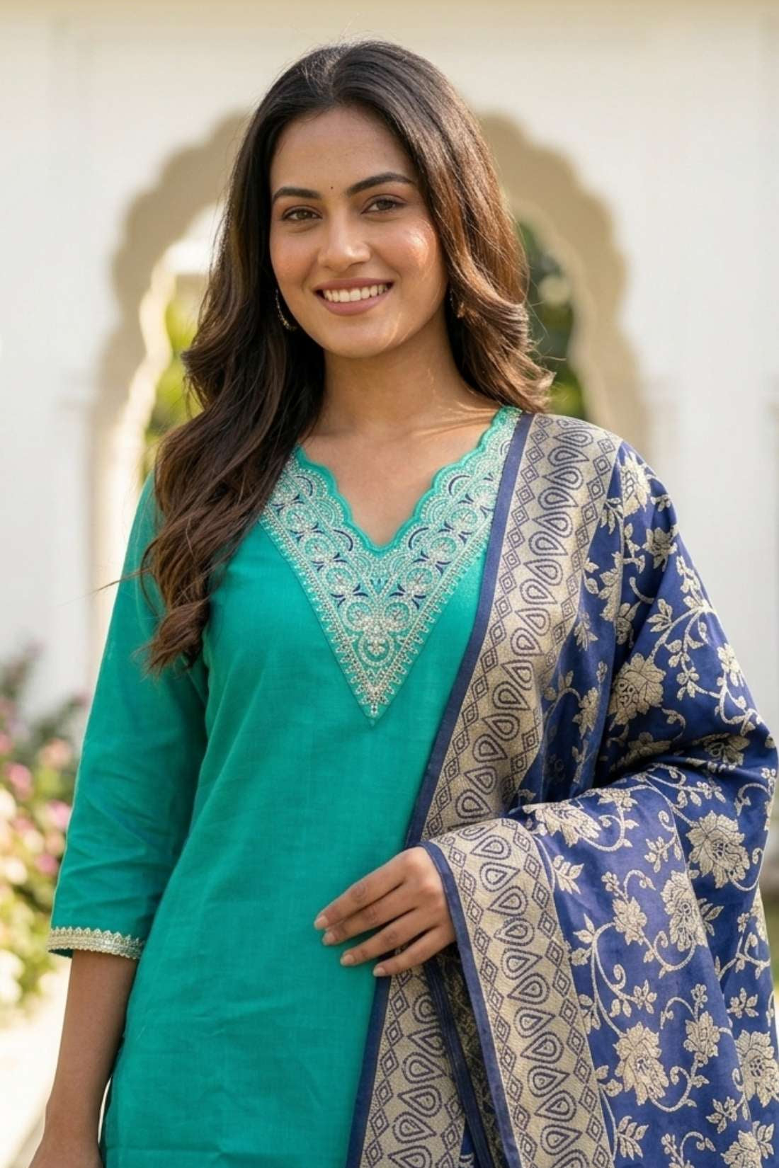 Detailed close-up shot of the rama green cotton kurta showcasing the delicate white floral thread embroidery and fine stitch detailing along the V-neck yoke.