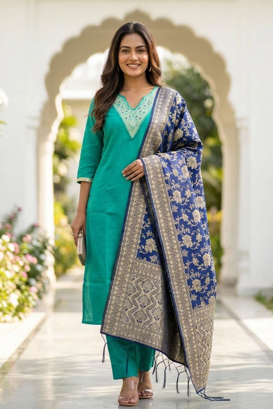 Front full-length view of a model in a premium rama green embroidered straight kurta set, featuring intricate white thread embroidery on the neckline yoke, paired with matching pants and a printed dupatta.