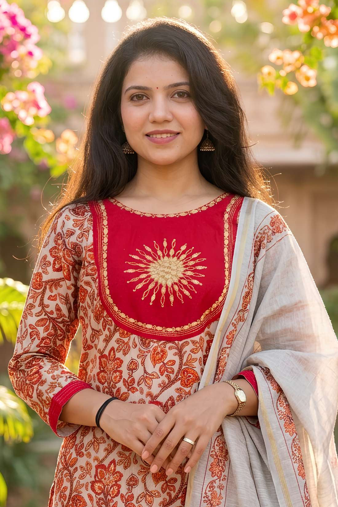 Detailed close-up view highlighting the intricate circle motif print and fine thread embroidery work on the neckline panel of a premium red pashmina silk kurta.