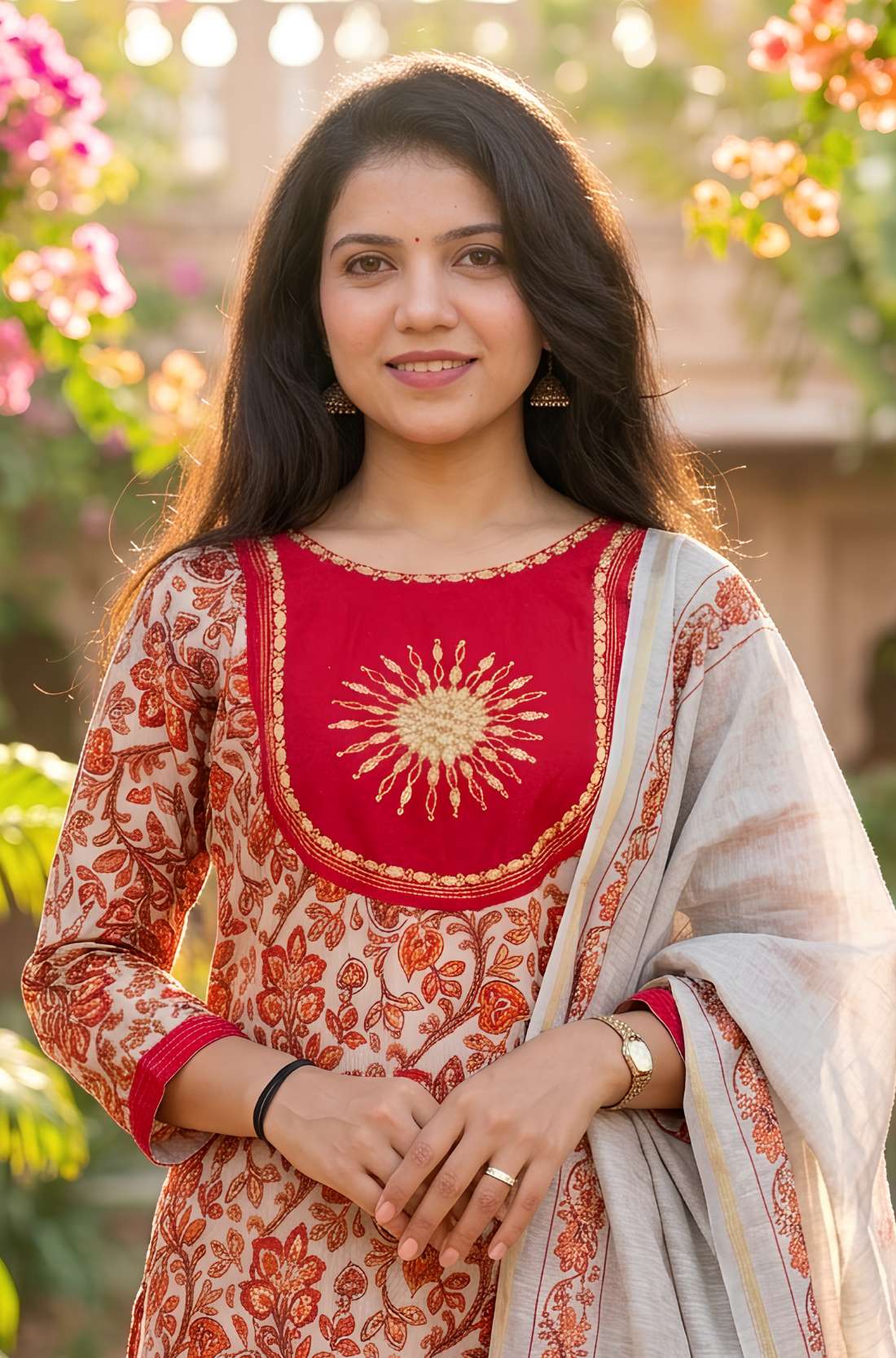 Detailed close-up view highlighting the intricate circle motif print and fine thread embroidery work on the neckline panel of a premium red pashmina silk kurta.