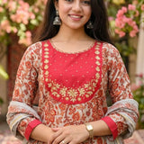 Detailed close-up shot showcasing the traditional paisley and floral print layout along the neckline panel of the red pashmina silk kurta variant designed without circle motifs.