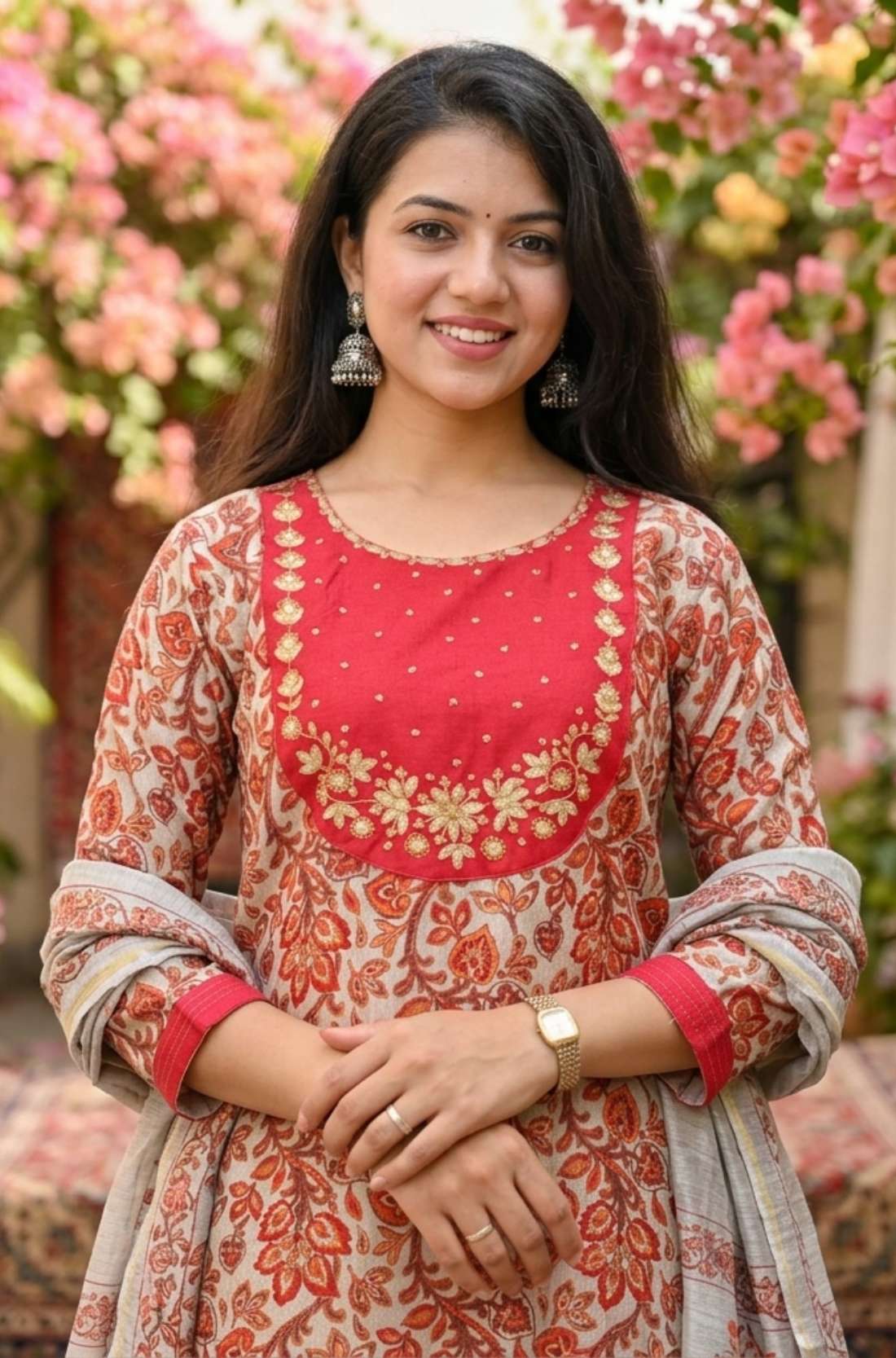 Detailed close-up shot showcasing the traditional paisley and floral print layout along the neckline panel of the red pashmina silk kurta variant designed without circle motifs.