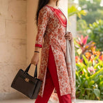 Side profile view of the red pashmina silk kurta design without circle motifs, showcasing the elegant fit and flow of the printed fabric.