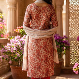 Rear view of the red pashmina silk printed kurta set with circle motif designs, showing the clean tailored fit and matching dupatta styling.