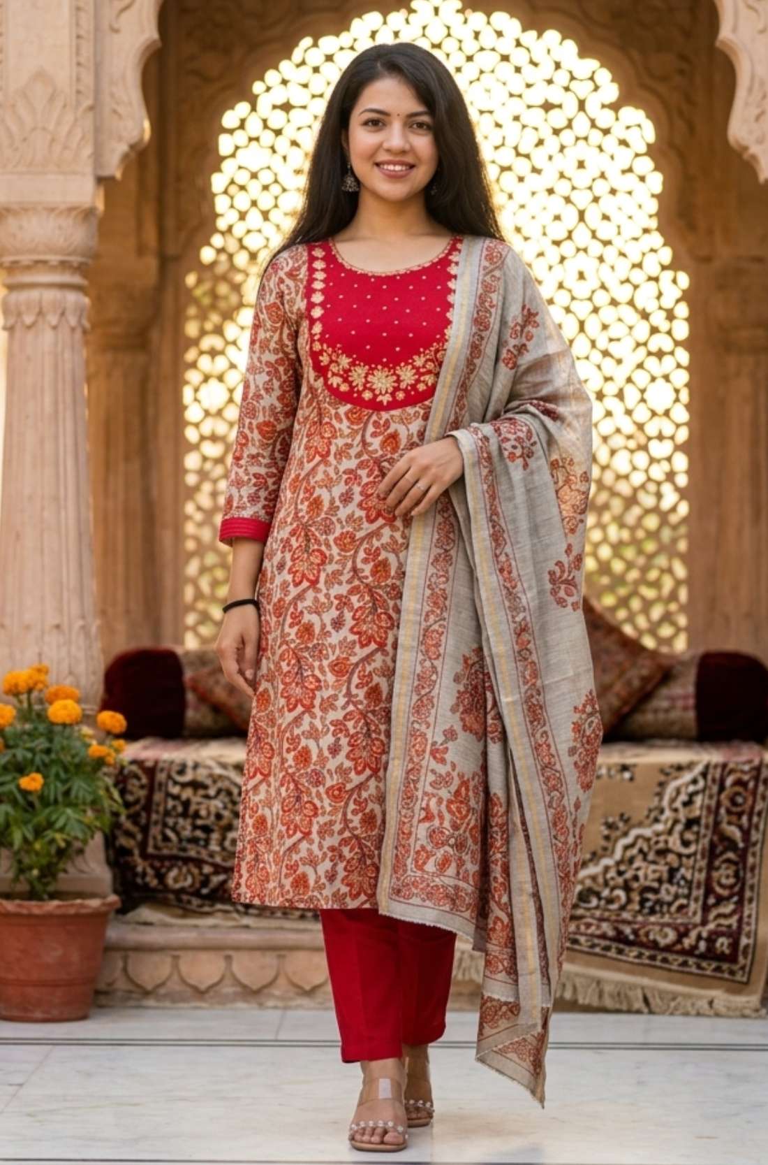 Front full length view of a model showcasing the red pashmina silk printed kurta set variant designed without circle motifs, highlighting an all-over traditional print with matching pants.