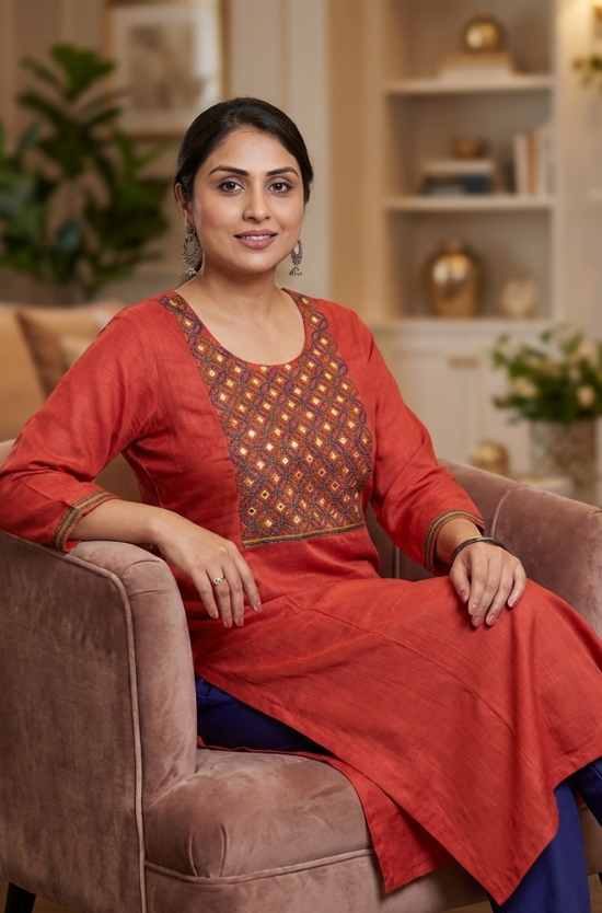 A woman sitting on a sofa, modeling a rust-orange ethnic kurta with detailed embroidery and blue bottoms.