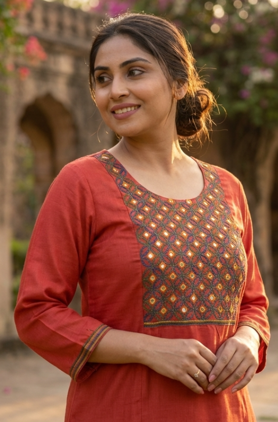 A woman smiling, wearing a rust-orange straight kurta with intricate ethnic embroidery on the chest.