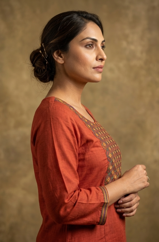 A side-profile view of a woman in a rust-orange embroidered ethnic kurta, showcasing her hairstyle.