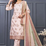 Front full length view of a model in a premium pink and green scalloped embroidered silk 3 piece kurta set showcasing elegant gold thread embroidery on the neckline, paired with straight pants and a matching dupatta.