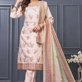 Front full length view of a model in a premium pink and green scalloped embroidered silk 3 piece kurta set showcasing elegant gold thread embroidery on the neckline, paired with straight pants and a matching dupatta.