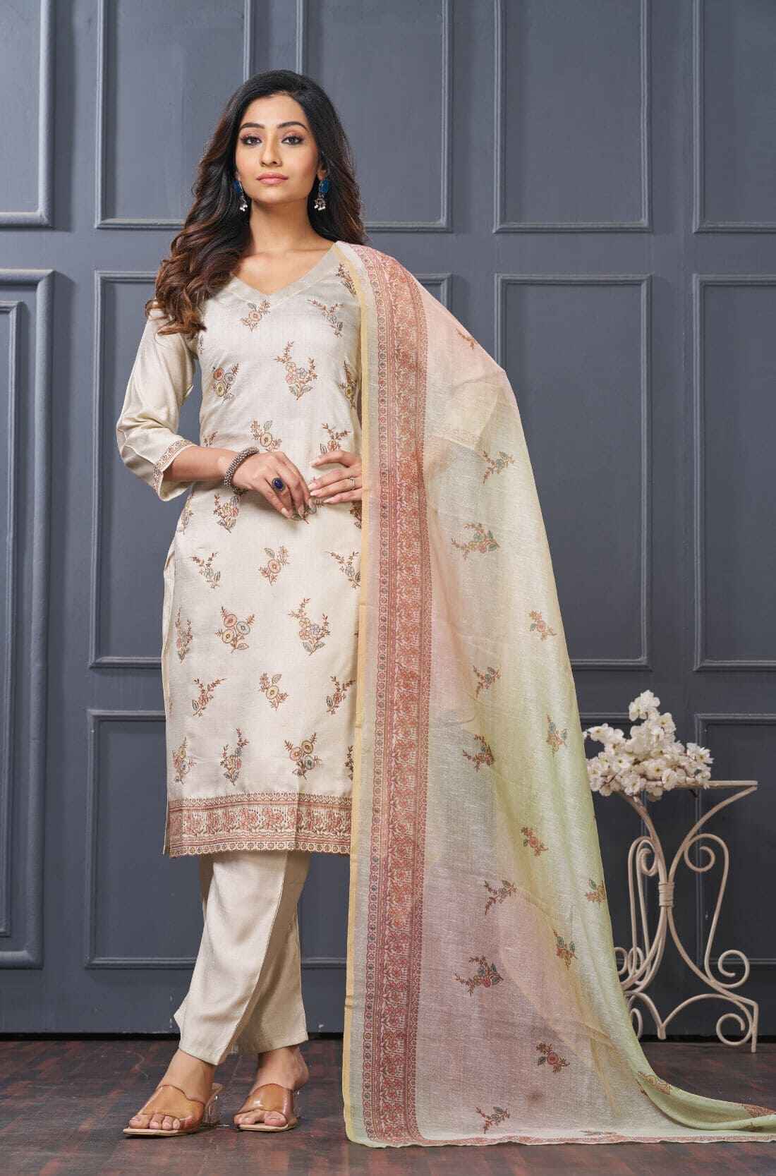 Scalloped embroidered silk kurta set with dupatta in beige color with resham embroidery