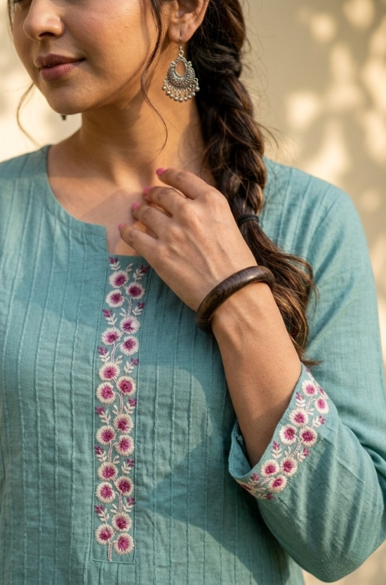 Detailed view of the neckline and sleeve embroidery featuring floral patterns on sea-green cotton fabric.