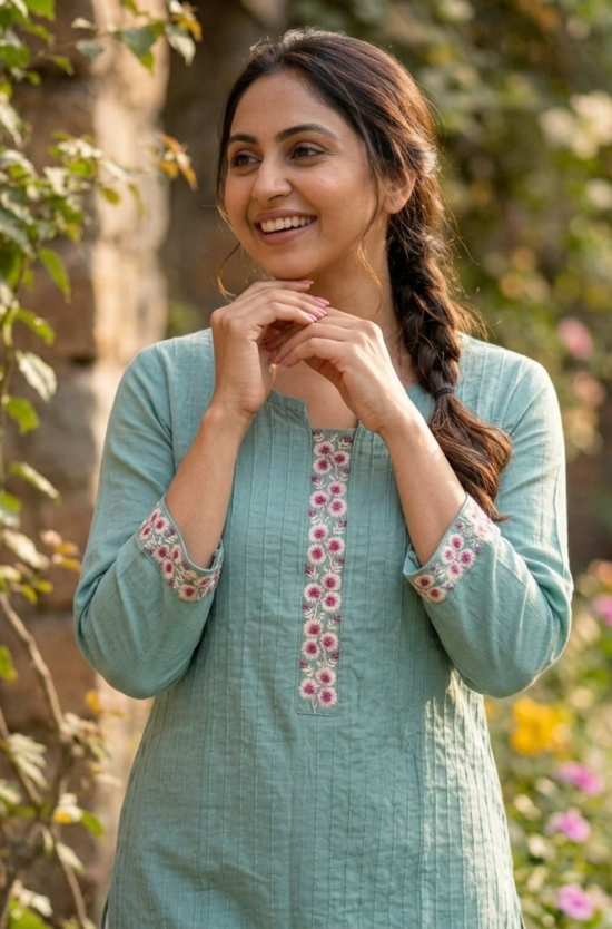 portrait.jpg	A woman posing with her hands near her face, wearing a sea-green embroidered kurta in a garden 