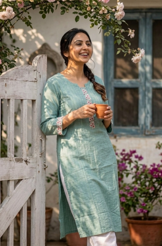A woman holding a clay cup while leaning against a wooden gate, dressed in a sea-green ethnic kurta.