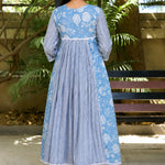 Back view of sky blue white muslin flared kurti with 3/4 sleeves and flared hem