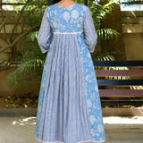 Back view of sky blue white muslin flared kurti with 3/4 sleeves and flared hem