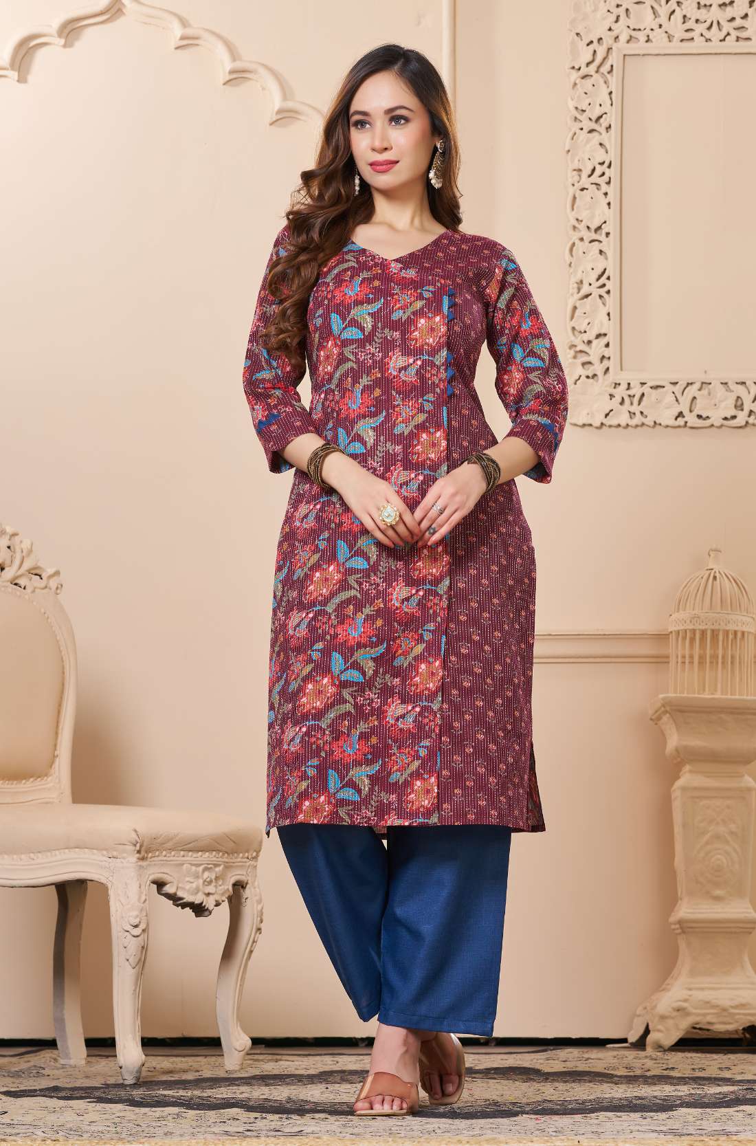 Floral Kurta with Kantha Embroidery – Brown, Side View