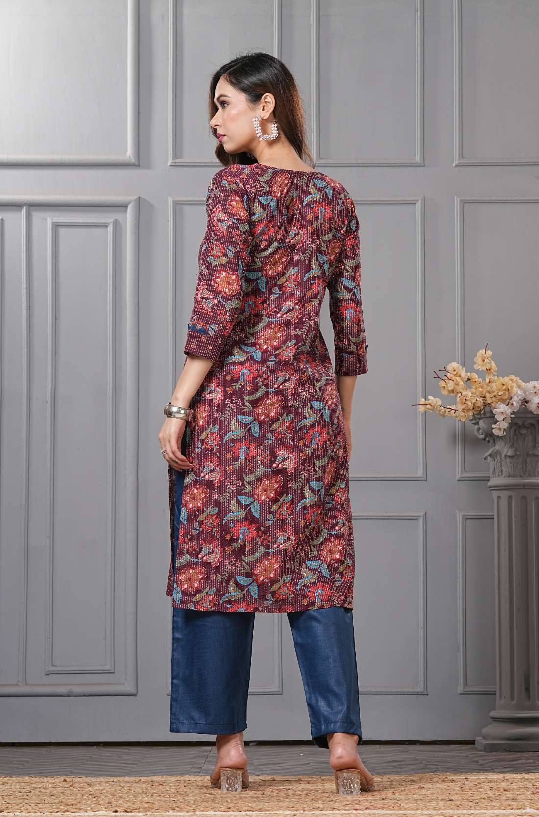 Brown Cotton Kurta Set with Elasticated Straight Pant and Side Pocket