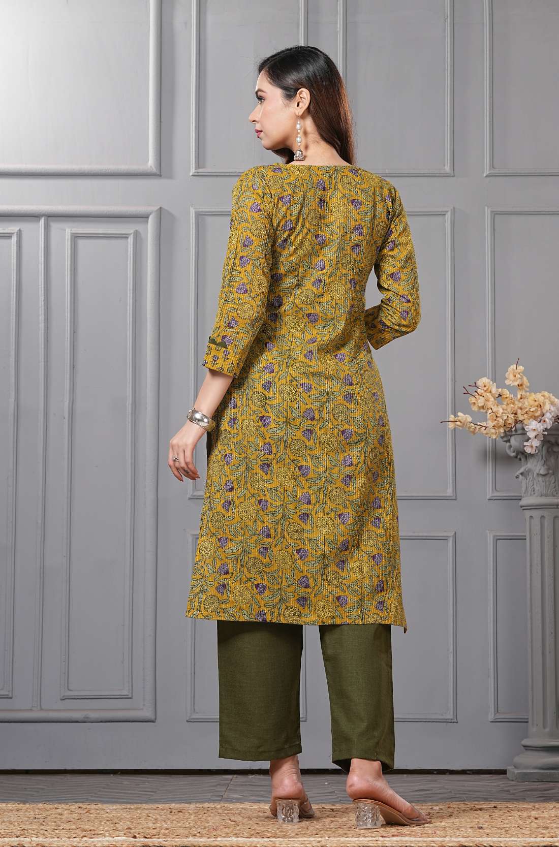 Mustard Yellow Floral Kurta Set – Straight Pant with Side Pocket