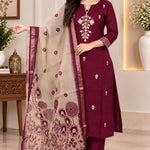 Wine 3-piece kurta set for women with Aari embroidered kurta, straight pants and printed Chanderi dupatta
