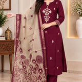 Wine 3-piece kurta set for women with Aari embroidered kurta, straight pants and printed Chanderi dupatta