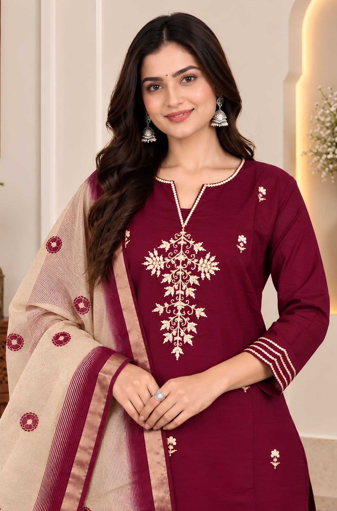 Wine Aari embroidered silk blend kurta set for women with detailed neckline embroidery and Chanderi dupatta