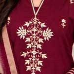 Close-up of golden Aari embroidery and V-cut neckline on wine silk blend kurta for women