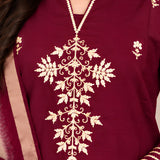Close-up of golden Aari embroidery and V-cut neckline on wine silk blend kurta for women