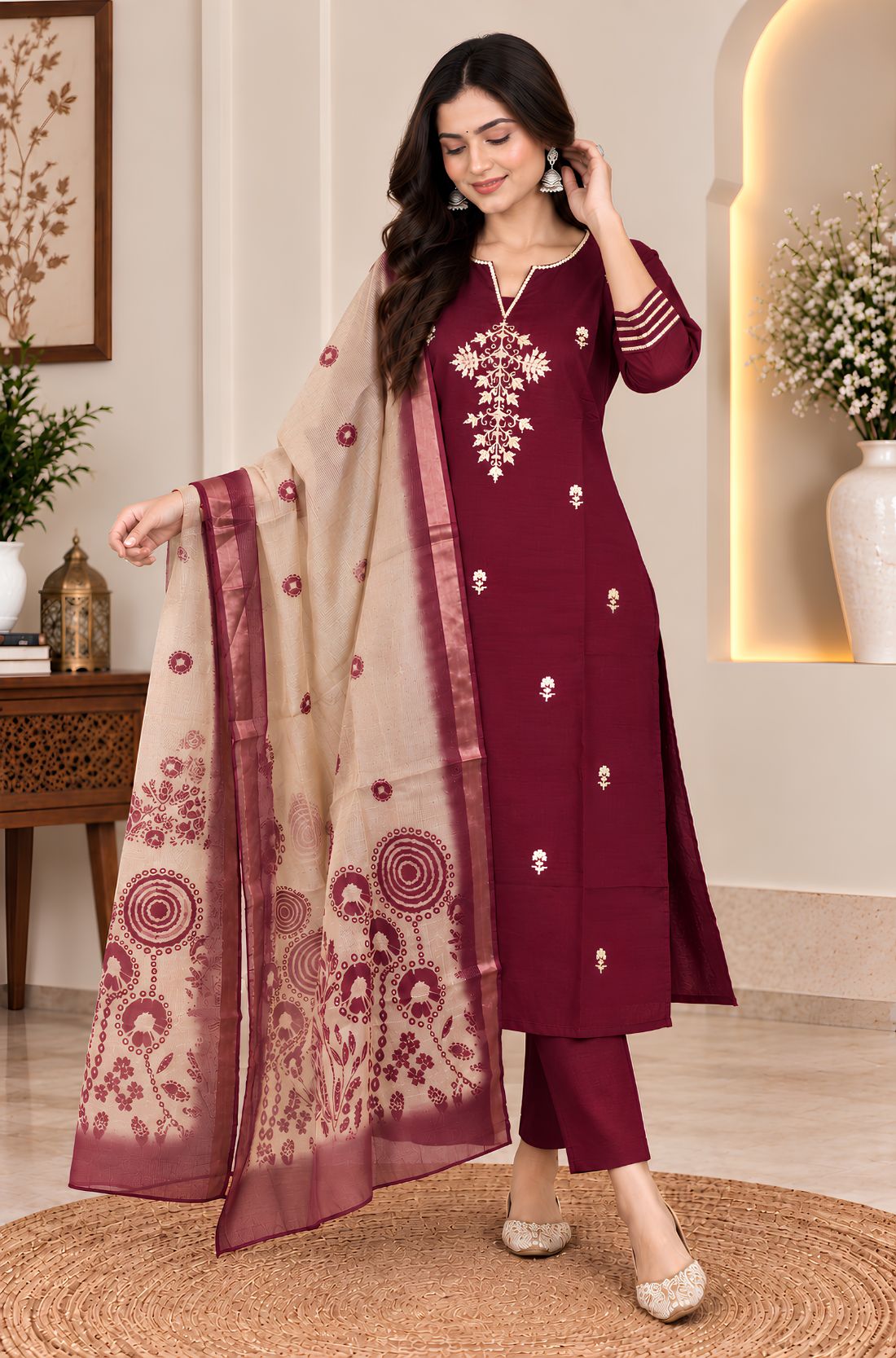 Wine embroidered kurta set for women with straight pants and printed Chanderi dupatta