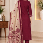 Back view of wine silk blend kurta pant set for women with printed Chanderi dupatta