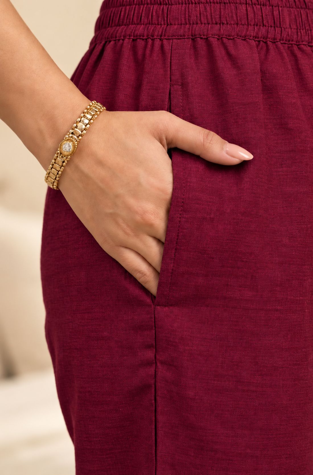 Wine kurta set matching pants with elasticated waist and functional side pocket
