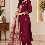 Wine silk blend kurta pant set for women with Aari embroidery and printed Chanderi dupatta