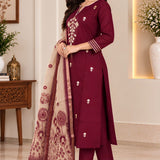 Wine silk blend kurta pant set for women with Aari embroidery and printed Chanderi dupatta