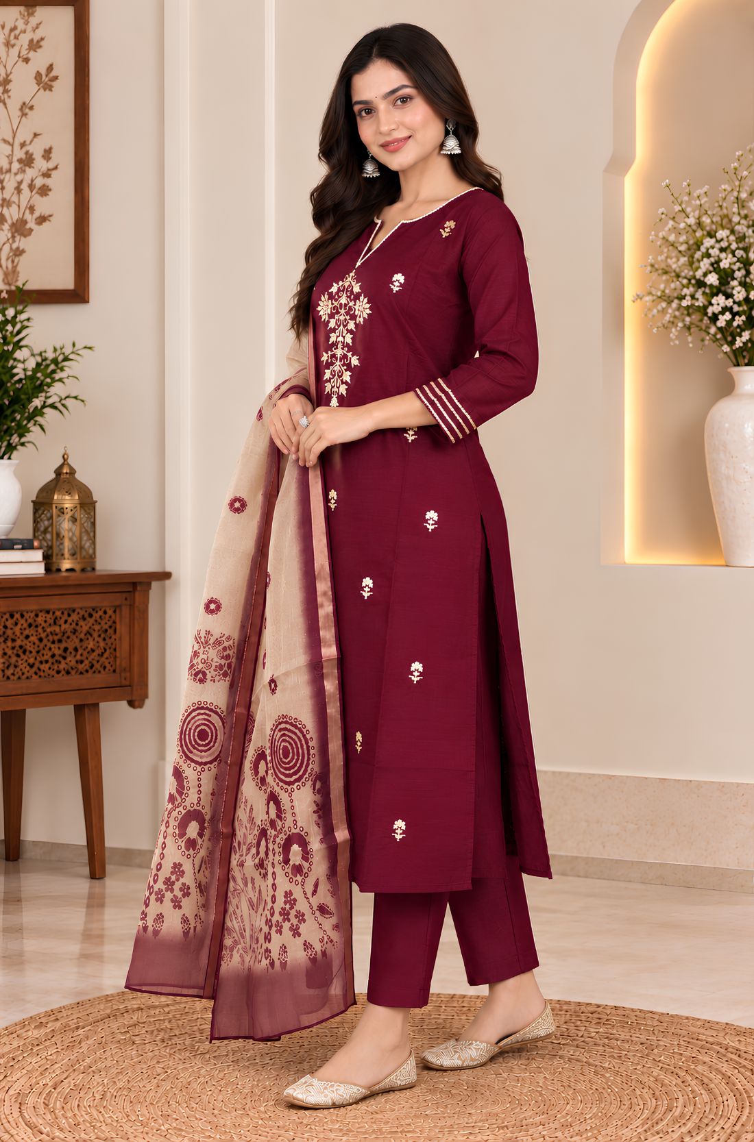 Wine silk blend kurta pant set for women with Aari embroidery and printed Chanderi dupatta