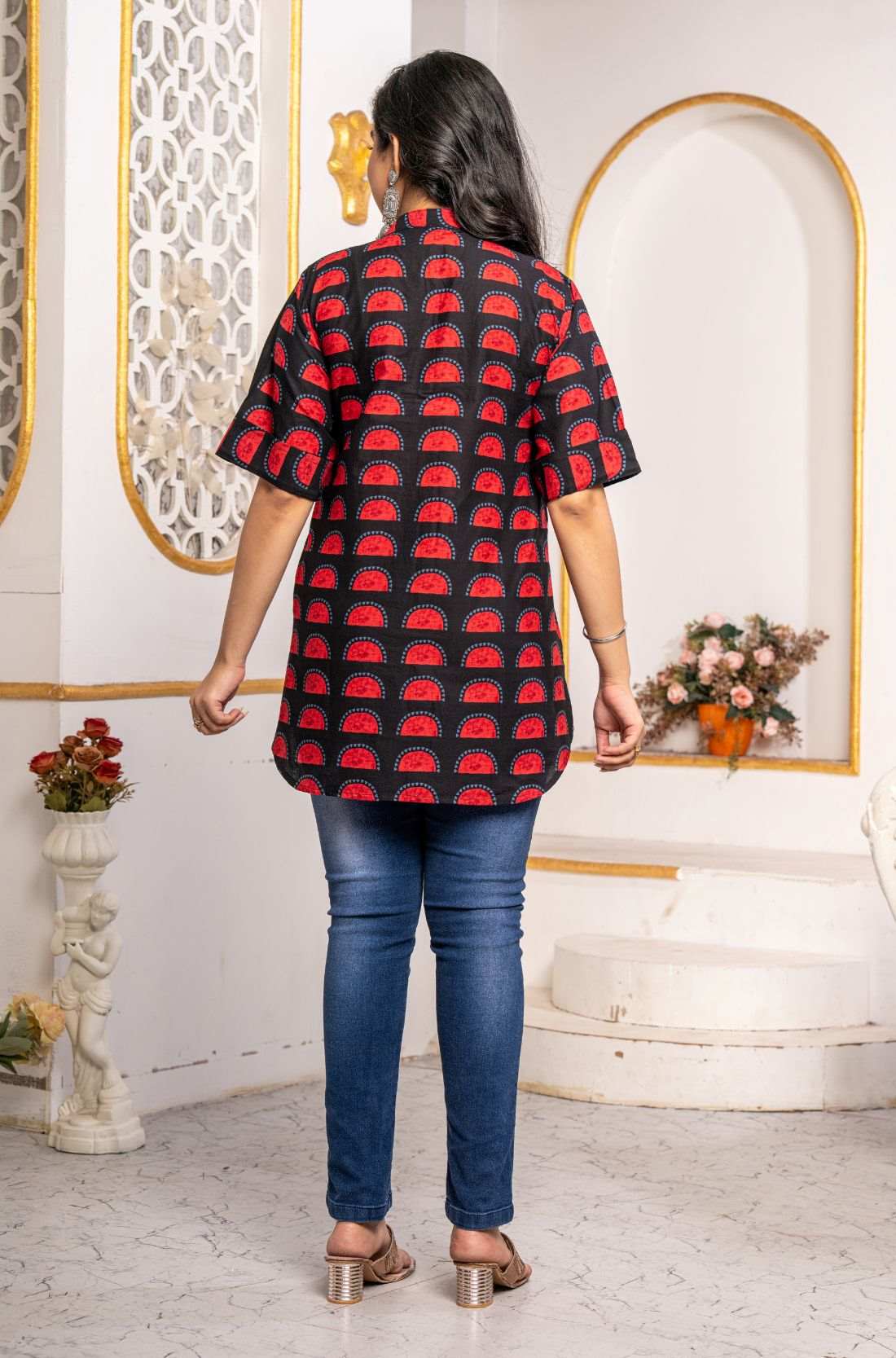 Black & Red Block Print Pure Cotton Short Kurti for Women