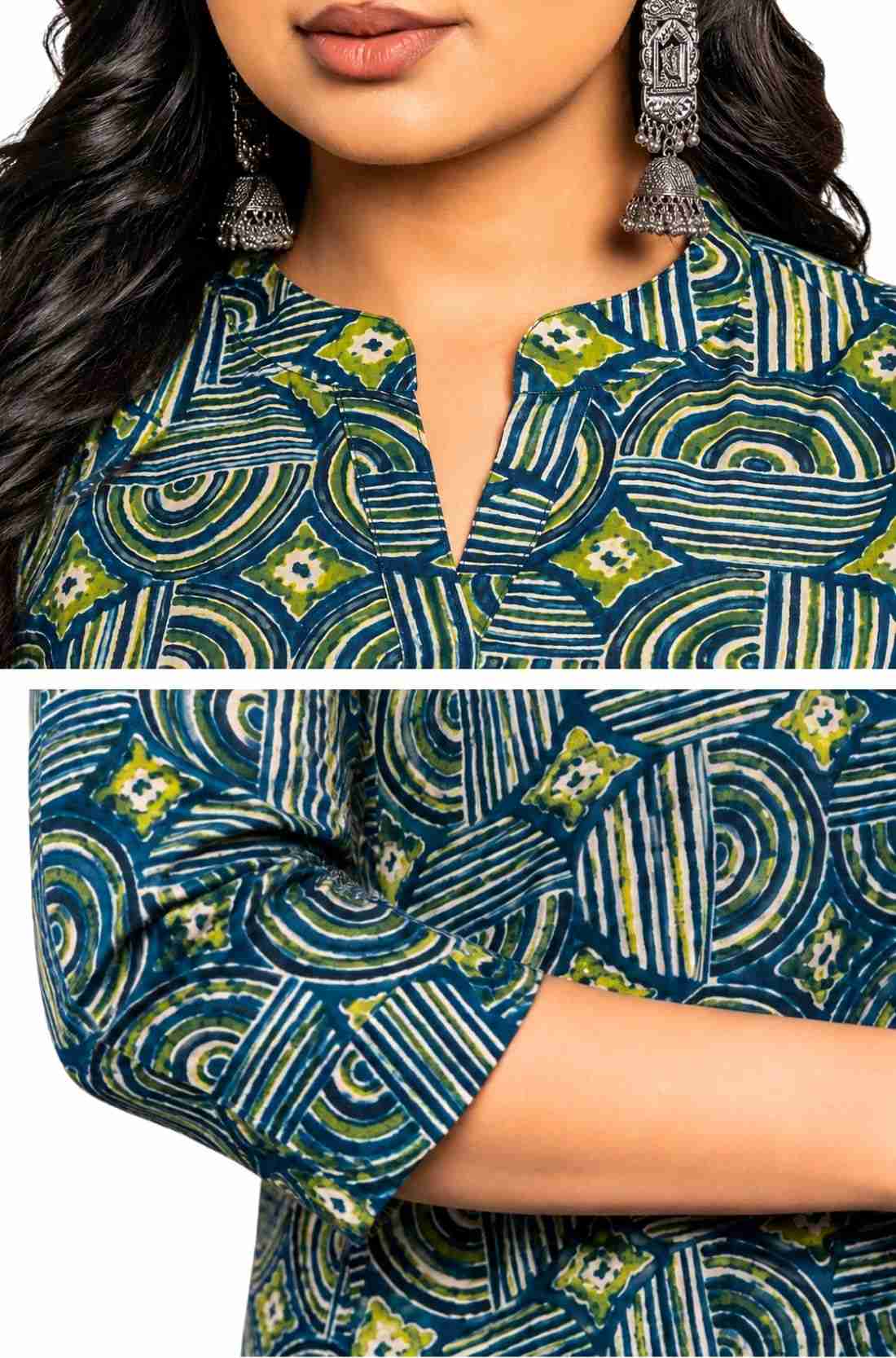 Detail view of Women's Geometric Hand Block Print Pure Cotton Shirt Style Kurti highlighting the stand collar, wooden buttons, handcrafted geometric print, and premium cotton fabric.