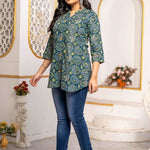 Side profile of Women's Geometric Hand Block Print Pure Cotton Shirt Style Kurti in blue and olive green with a relaxed silhouette and artisan-inspired geometric print.