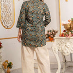 Back view of Women's Geometric Hand Block Print Pure Cotton Shirt Style Kurti in forest green and rust orange displaying an all-over handcrafted geometric block print and hip-covering silhouette.