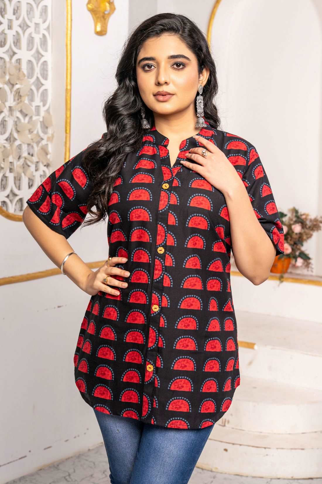 Black & Red Block Print Pure Cotton Short Kurti for Women