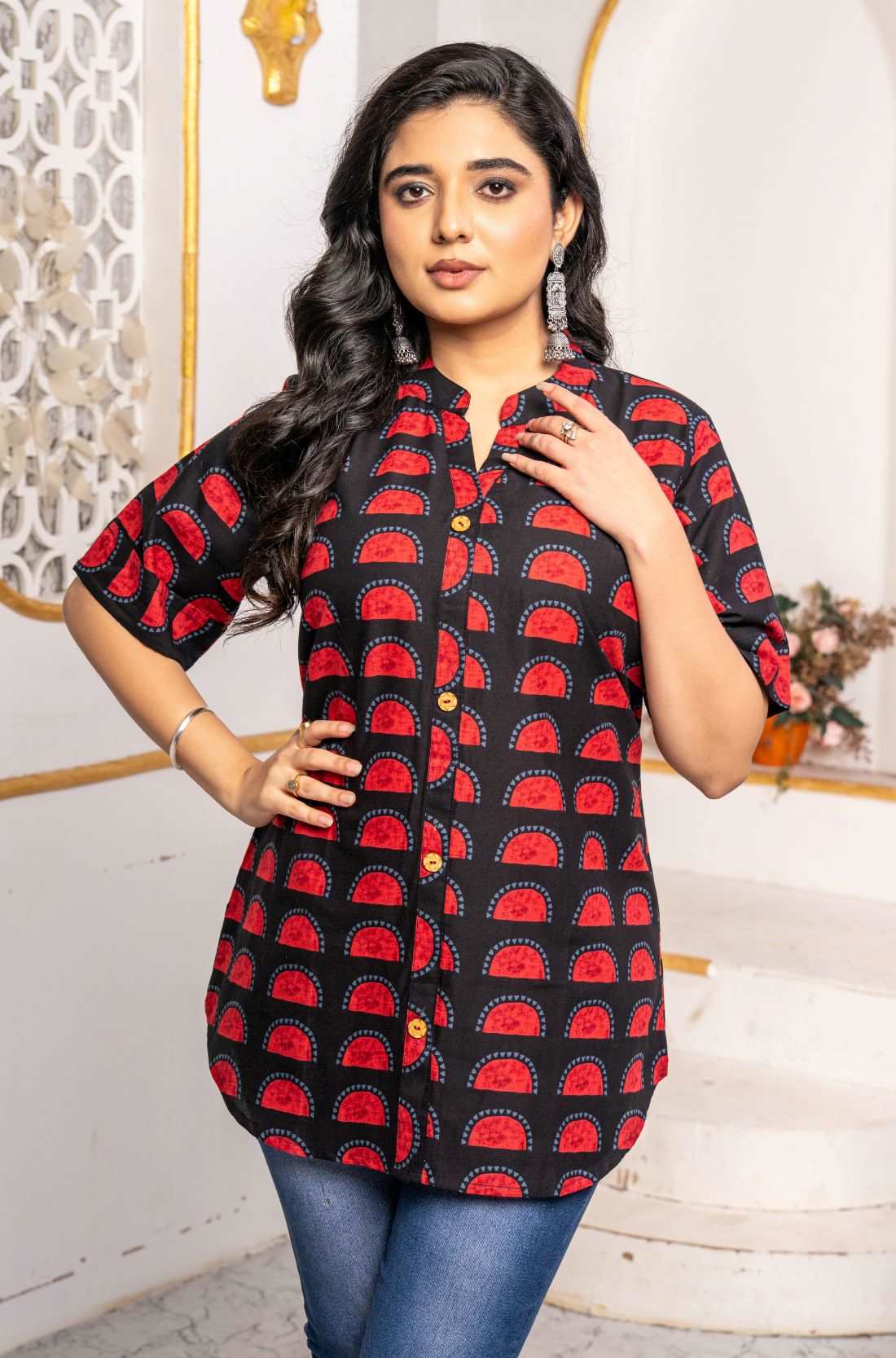 Black & Red Block Print Pure Cotton Short Kurti for Women