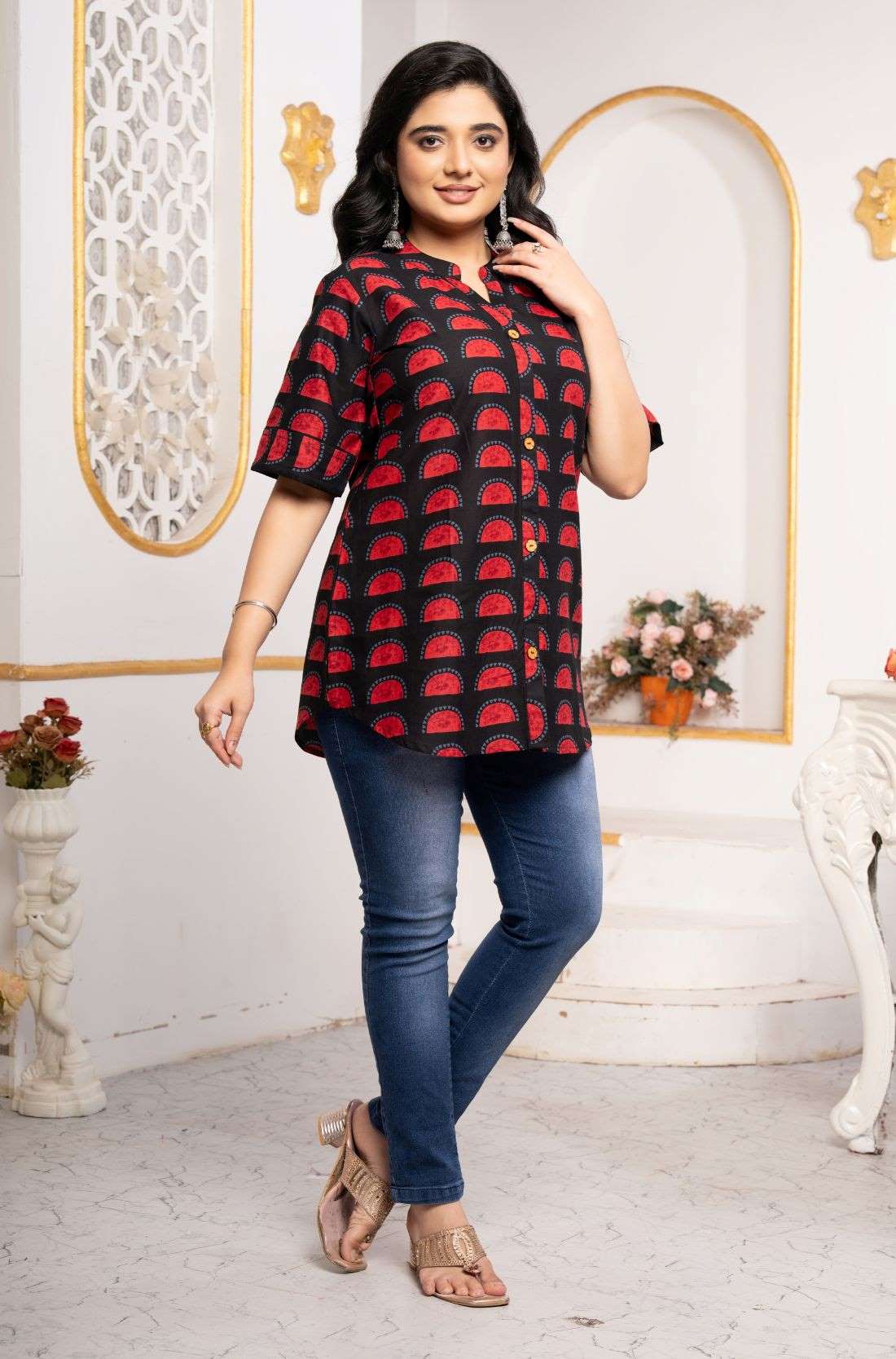 Black & Red Block Print Pure Cotton Short Kurti for Women