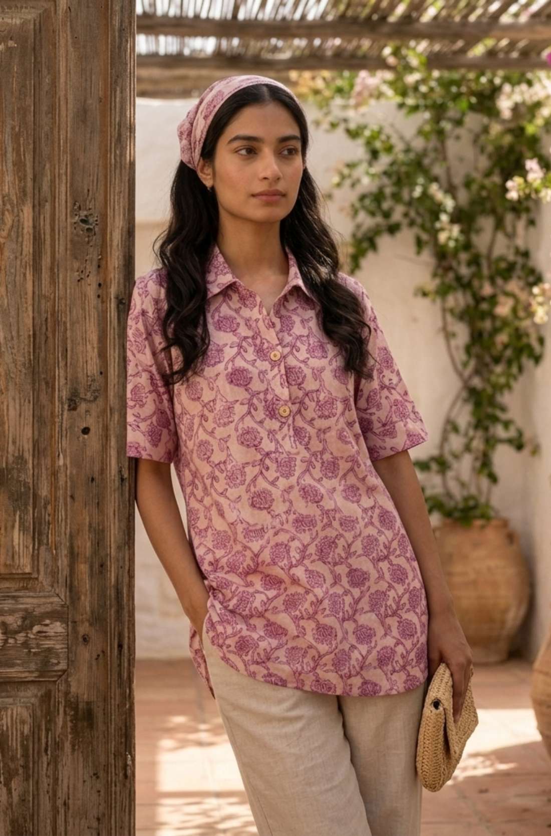 Women's blush pink floral hand block print cotton shirt styled casually while seated at an outdoor café.