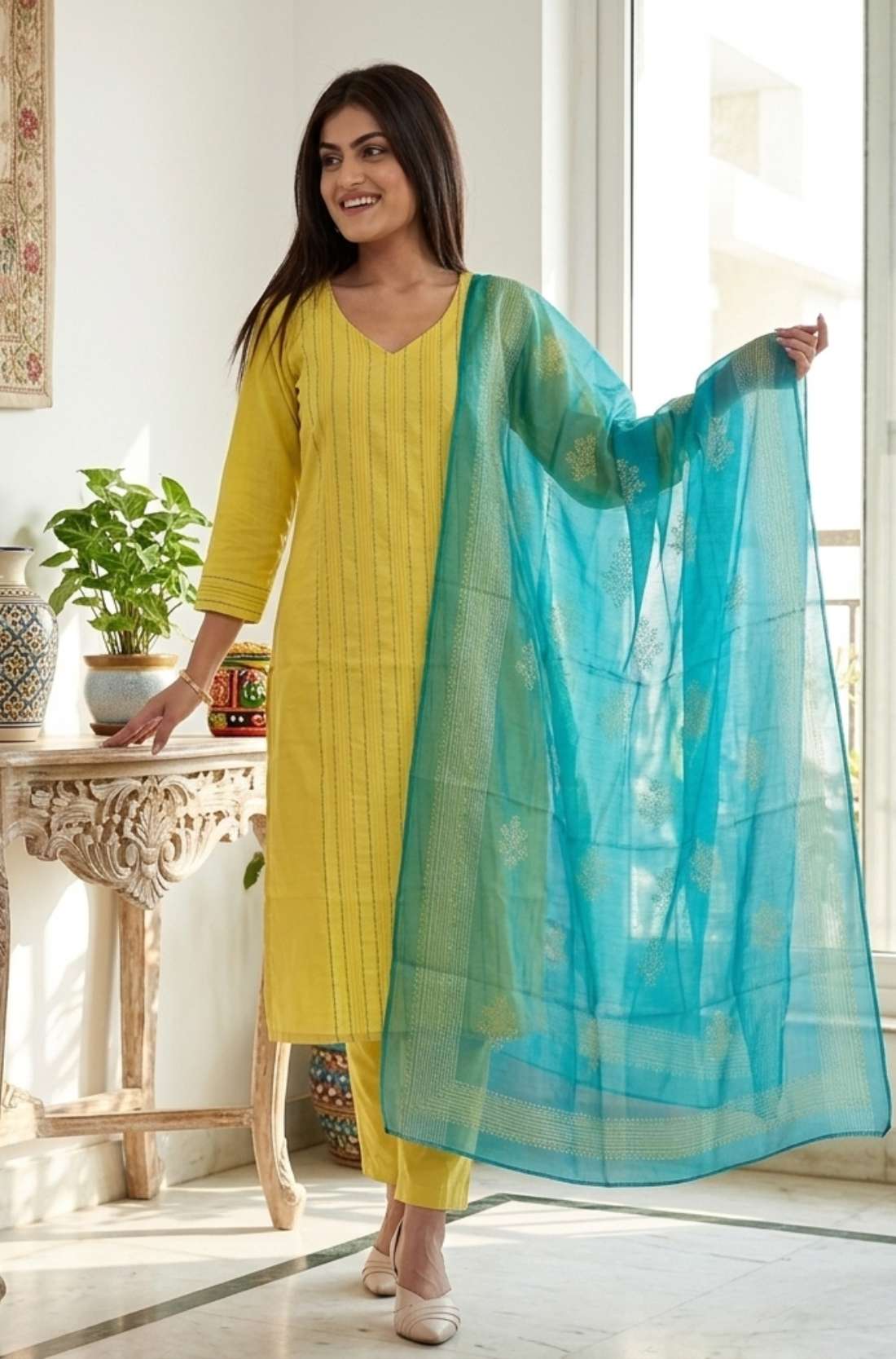 A smiling woman wearing a stylish yellow pure cotton thread embroidered kurta set with a matching printed dupatta