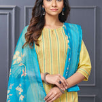 Close up view of the intricate front yoke design showcasing detailed multicolor floral thread embroidery alongside fine vertical pintucks on a premium yellow cotton kurta